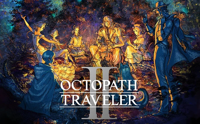 Arte de Octopath Traveler II com os oito viajantes reunidos à volta de uma fogueira, numa clareira da floresta