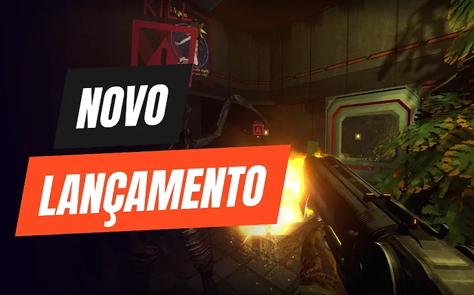 Arma de cano duplo a disparar contra uma criatura mutante com um braço em forma de lâmina, num corredor escuro da estação espacial do RetroSpace