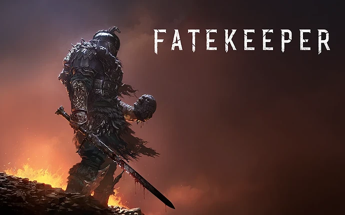 Guerreiro de armadura escura com uma caveira numa mão e uma espada ensanguentada na outra, sobre rochas em brasa, ao lado do logótipo de Fatekeeper