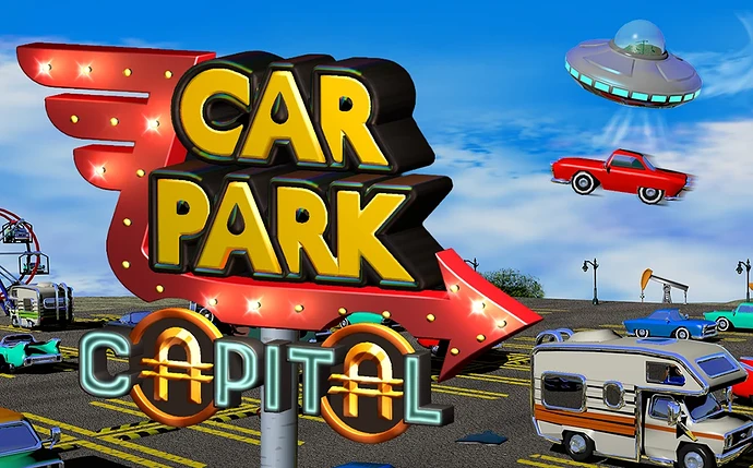 Arte de Car Park Capital com o logótipo num letreiro néon em forma de seta, sobre um parque de estacionamento com carros clássicos, uma autocaravana e uma roda gigante, enquanto um disco voador rapta um carro vermelho
