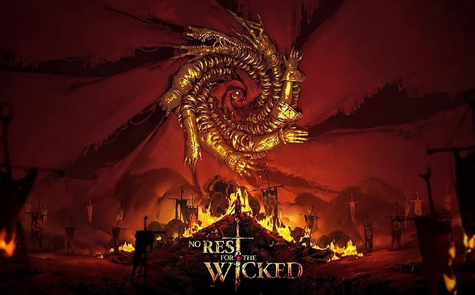 Arte de No Rest for the Wicked com uma criatura dourada em espiral sobre um monte em chamas, rodeado de estandartes
