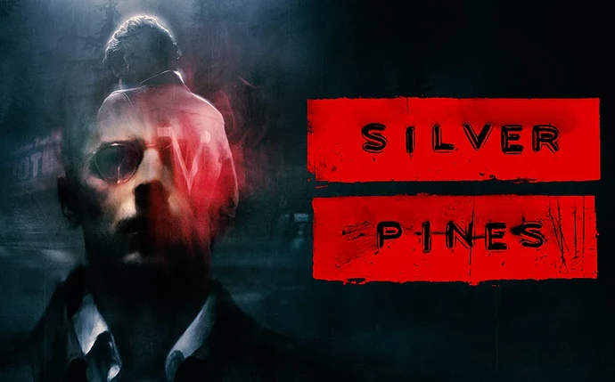 Arte do Silver Pines com o rosto de um detetive de óculos escuros, envolto em névoa vermelha, e uma silhueta de costas sobre uma rua escura