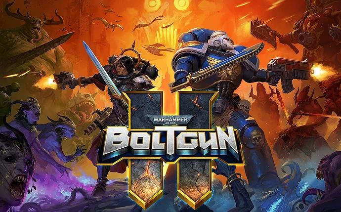Malum Caedo e Nyra Veyrath rodeados por daemons do Caos, Warhammer 40,000: Boltgun 2