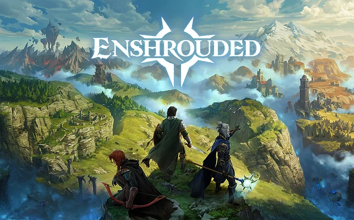 Arte de Enshrouded com três heróis, uma arqueira ruiva, um guerreiro de capa verde e uma maga de cabelo branco, a contemplar Embervale do alto de uma falésia