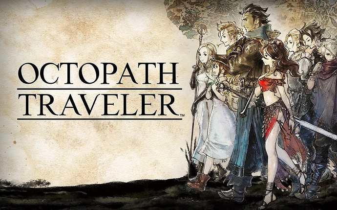 Arte de Octopath Traveler com os oito viajantes lado a lado, diante de um mapa antigo de Orsterra