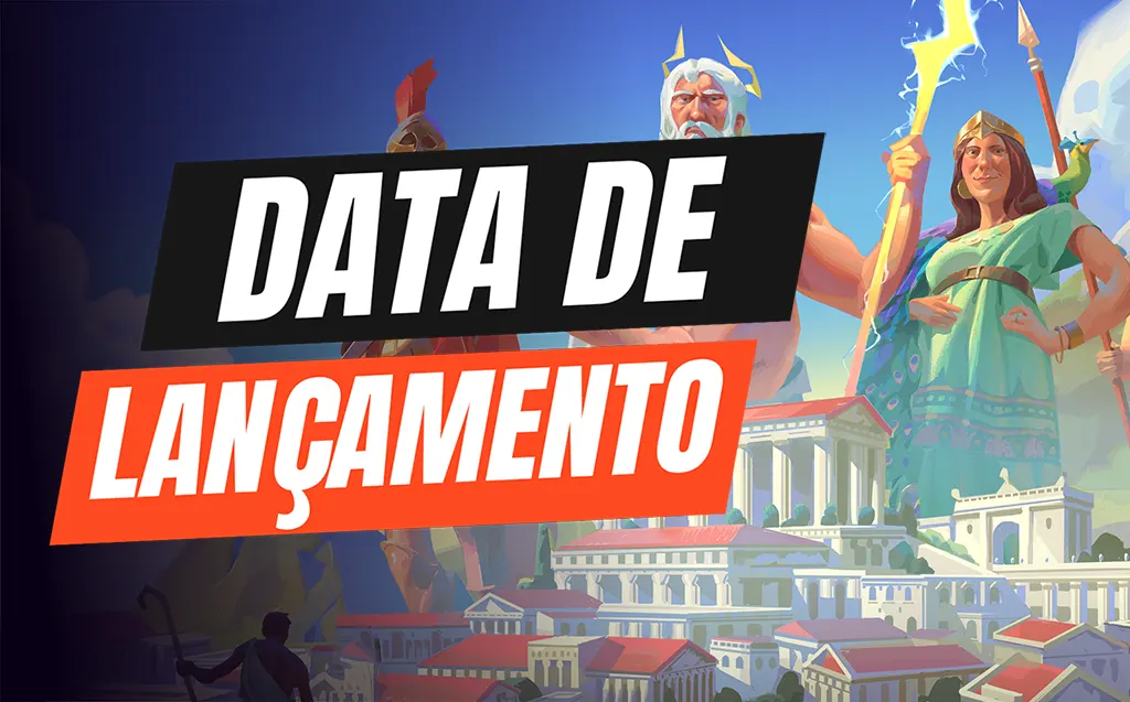 Zeus com um raio, uma deusa com lança e pavão e um guerreiro de elmo com penacho erguem-se sobre uma cidade grega de templos brancos e telhados vermelhos, em arte de Theos: Cities of Myth